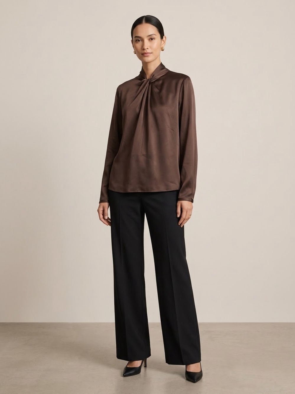 VINCE Brown 100% Silk Twisted High Neck Long Sleeve Blouse Size 12